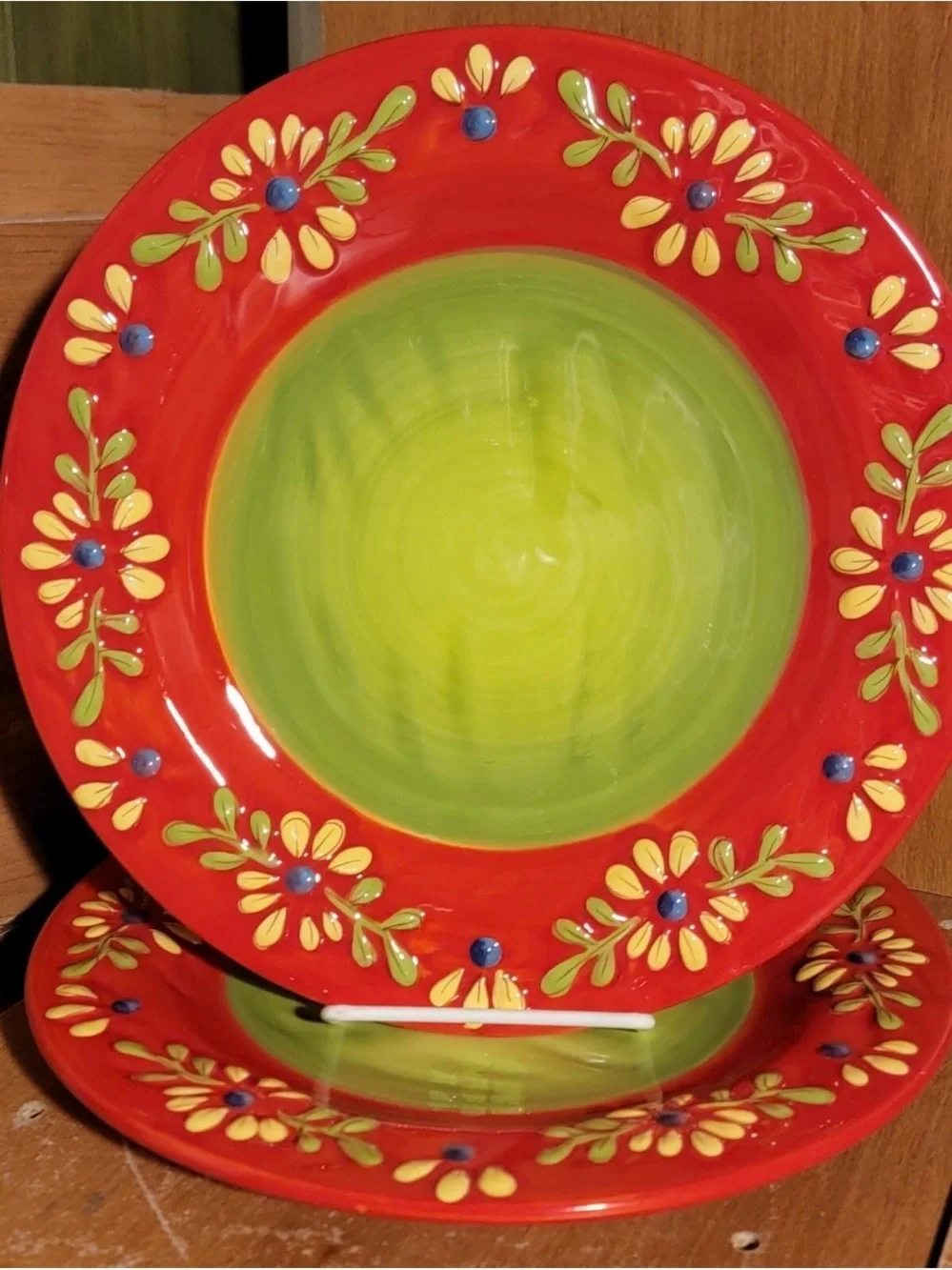 Two Pier 1 Flores Orange and green set of 2 Dinner Plates
